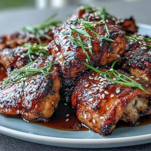 Savory soy glazed chicken thighs with sticky caramelized skin, baked to perfection and garnished with sesame seeds.