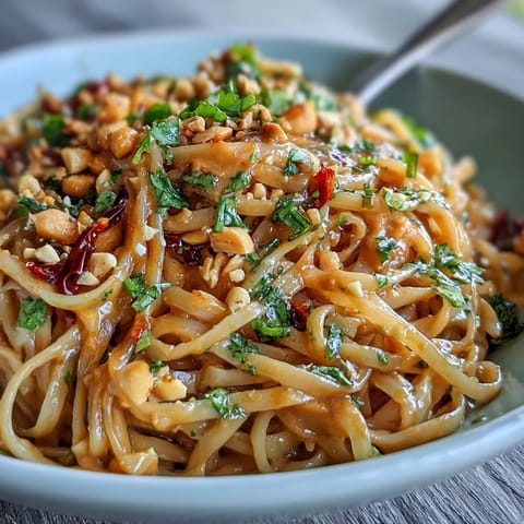 Colorful Thai peanut noodle salad topped with crunchy peanuts and crisp bell peppers for a satisfying bite.  