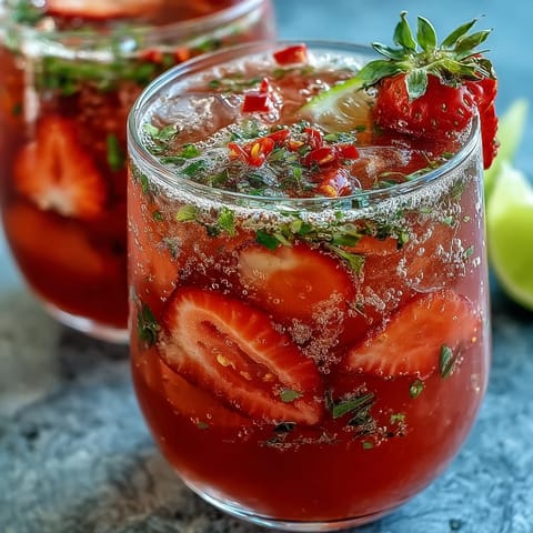 Fruity strawberry chili limeade mocktail, perfectly chilled with a spicy kick, ready to sip.