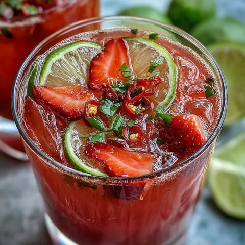 Vibrant strawberry chili limeade mocktail, bursting with fresh fruit and a tantalizing subtle heat.