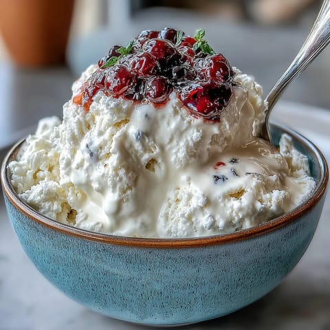 Viral healthy cottage cheese ice cream, swirled with berries, ready to serve.