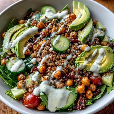 Hearty ancient grains bowl, loaded with tender farro, quinoa, and protein-packed chickpeas.