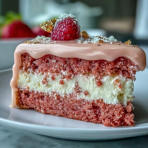 Elegant pink Bridal Shower Rosé Velvet Cake glistening with a shiny gold drip.