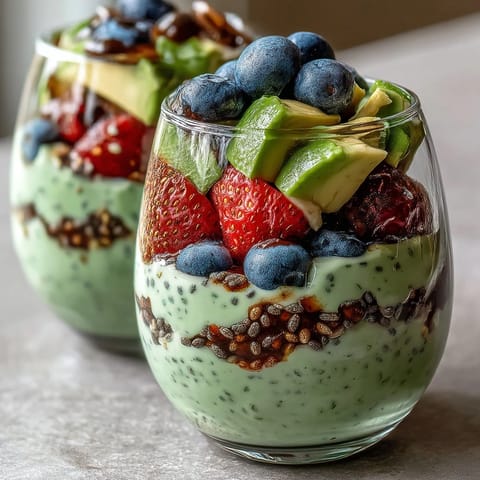Wholesome fiber-rich avocado chia pudding parfait in a glass, ready to enjoy.