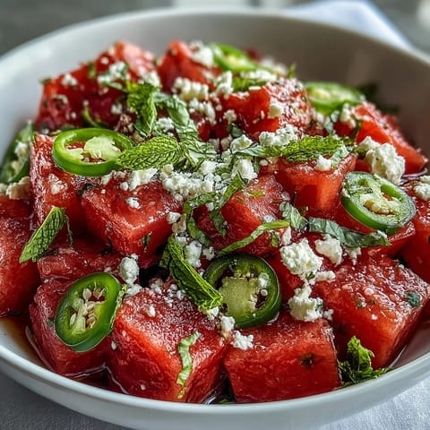 Colorful watermelon chili lime salad with cool mint, perfect for summer.