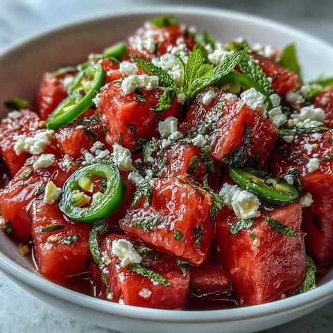 Vibrant and fresh watermelon chili lime salad, a spicy-sweet delight.