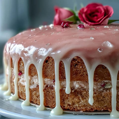 Elegant pink Bridal Shower Rosé Velvet Cake with shimmering gold drip.