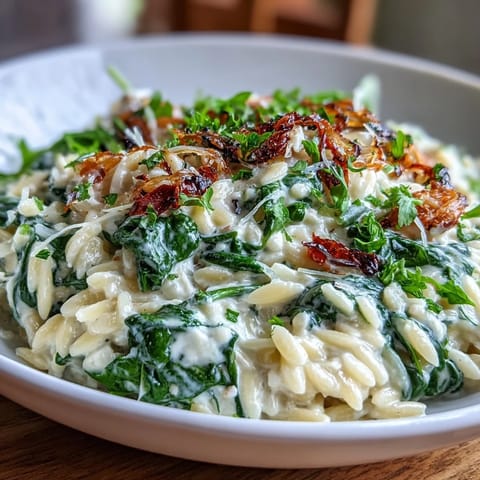 Creamy Boursin Orzo with Spinach dish, a comforting vegetarian meal with melty cheese.