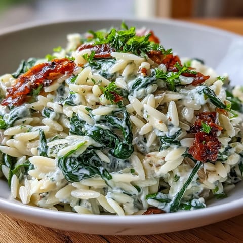 Garlicky Boursin Orzo with wilted spinach, an easy weeknight pasta wonder.