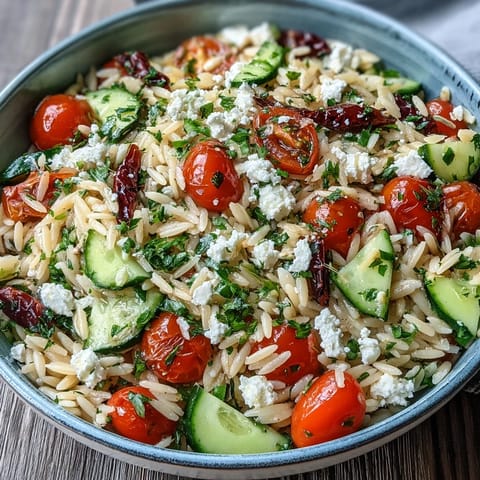 Bright Mediterranean Lemon Orzo bursting with fresh vegetables and feta cheese.