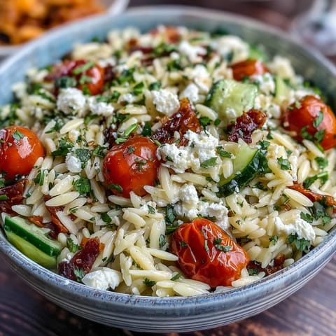 Hearty Mediterranean Lemon Orzo salad with zesty lemon and fragrant herbs.