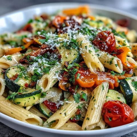 Vibrant Pasta Primavera Express showcasing colorful spring vegetables and savory lemon-herb sauce.
