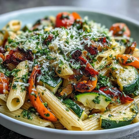 Hearty Pasta Primavera Express dish with penne, crisp vegetables, and fresh basil.