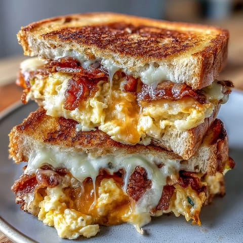 Bacon Egg and Cheese Grilled Cheese: golden toasted sandwich with crispy bacon, melted cheddar.