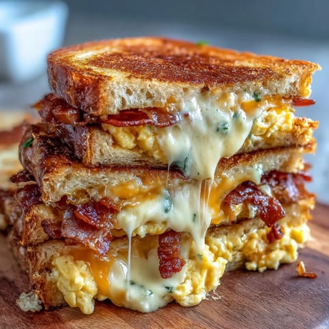 Melted cheese oozes from a Bacon Egg and Cheese Grilled Cheese hot off the griddle.