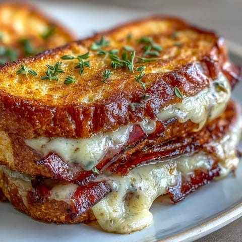 Golden Ham and Swiss Honey Mustard Grilled Cheese with melted gooey cheese.