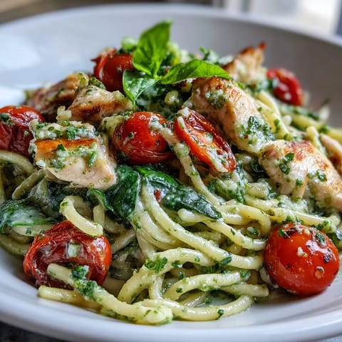 Golden-brown chicken pieces nestled amongst a creamy, herbaceous one-pan chicken pesto pasta.