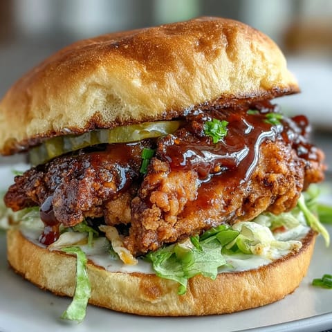 Golden, crispy hot honey chicken sandwich with pickles on a brioche bun.