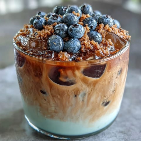 Blueberry muffin cold foam iced coffee, creamy topping over refreshing cold brew.
