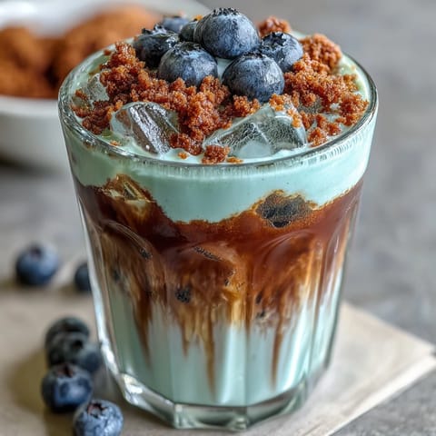 Irresistible blueberry muffin cold foam iced coffee, a sweet dessert drink.