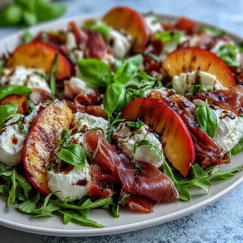 Vibrant Peach Burrata Prosciutto Salad with creamy burrata and sweet peaches.
