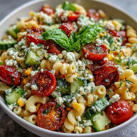 Colorful Summer Corn and Tomato Pasta Salad bursting with fresh garden vegetables.