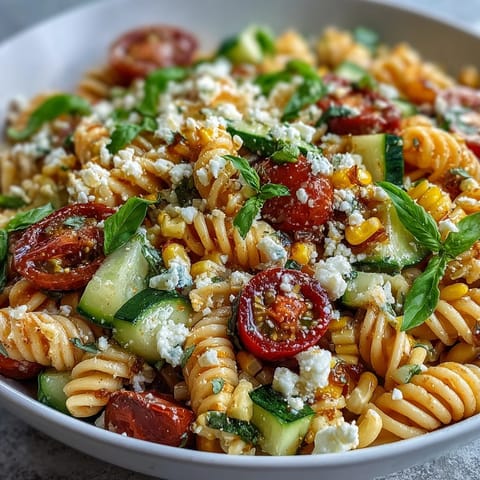 Vibrant vegetarian pasta salad featuring sweet corn, juicy tomatoes, and zesty dressing.