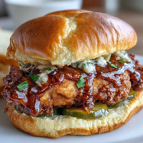 Juicy, golden fried chicken sandwich with hot honey, pickles, and soft brioche.