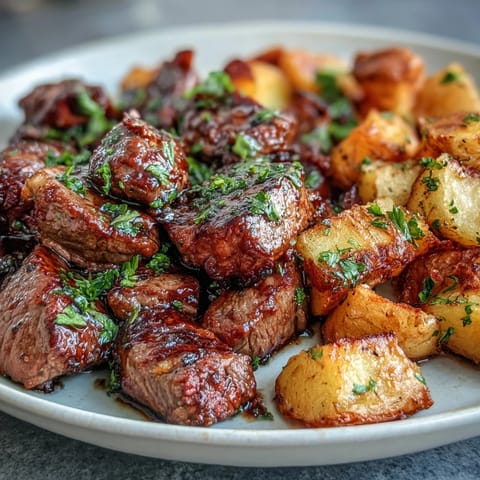 Golden-brown garlic butter steak bites and potatoes, ready to serve.