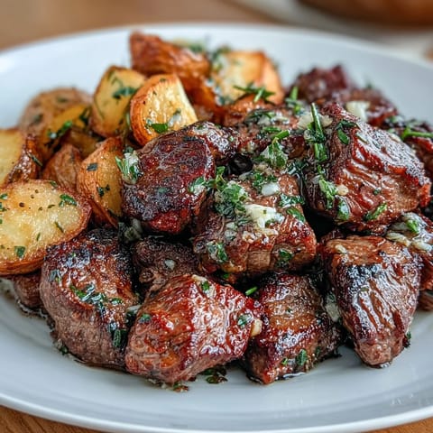 Golden brown Garlic Butter Steak Bites and Potatoes sizzling in cast iron.