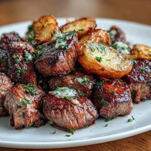 Tender, juicy Garlic Butter Steak Bites tossed with crispy potatoes and fresh parsley.