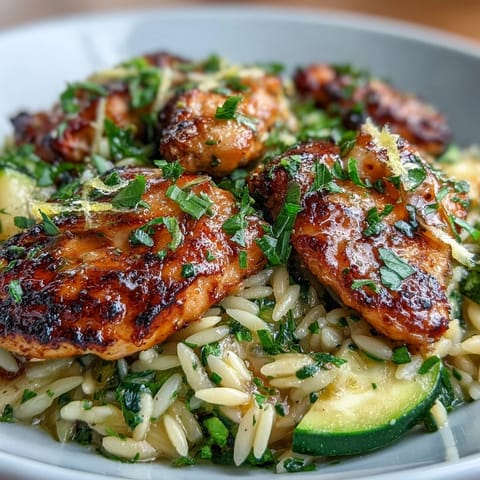 Tender chicken and orzo nestle with fresh zucchini in a skillet.