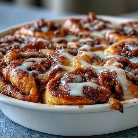 Warm peach cobbler cinnamon roll casserole swirled with gooey icing and peaches.