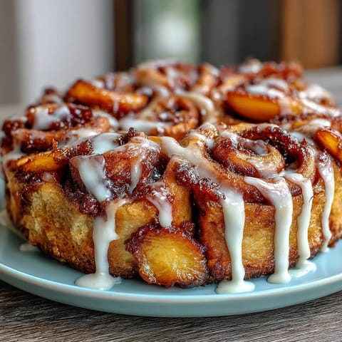 Golden baked peach cobbler cinnamon roll casserole, a sweet brunch delight.