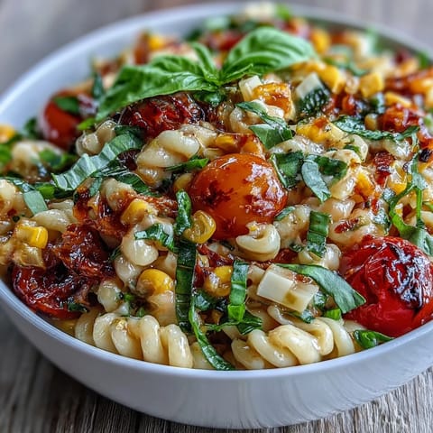 Summer Corn and Tomato Pasta Salad: Colorful dish with juicy tomatoes and sweet corn.