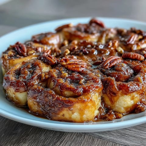 Warm, baked peach cobbler cinnamon roll casserole with toasted pecans.