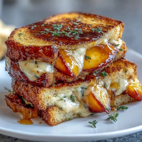Peach Hot Honey Grilled Cheese with melted cheese and golden crispy bread.