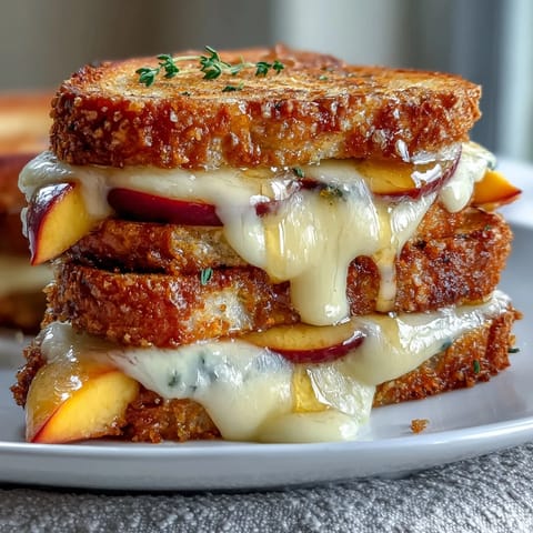 Gooey Peach Hot Honey Grilled Cheese, sweet fruit and spicy honey drizzled.