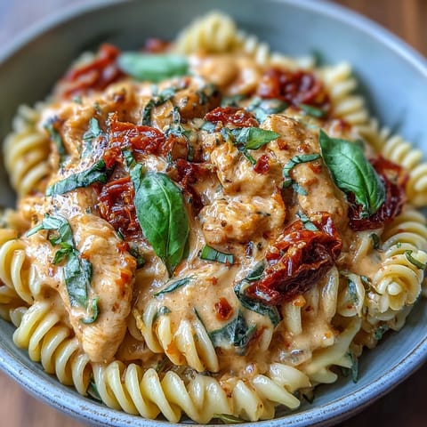 Creamy Tomato Basil Chicken Pasta with tender chicken and vibrant basil coating pasta.