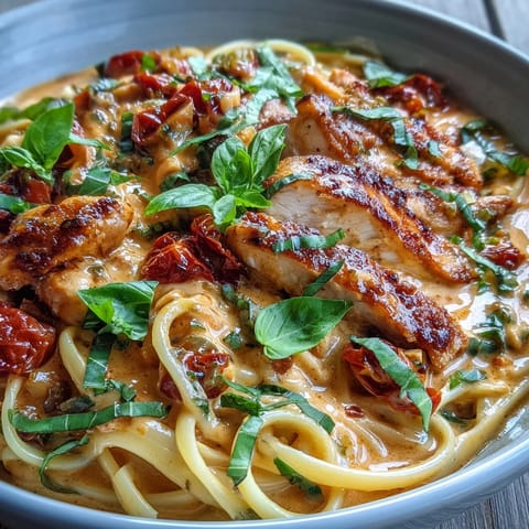 Velvety tomato basil cream sauce coats chicken pasta, a comforting Italian dinner.