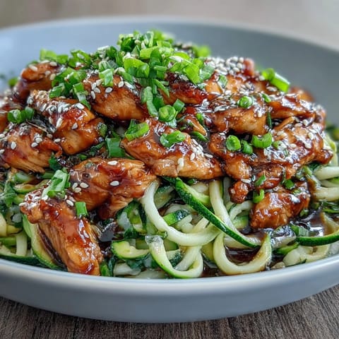 Tender honey garlic chicken tossed with vibrant zucchini noodles and toasted sesame seeds.