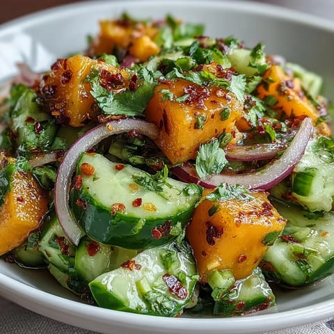 Vibrant Mango Tajín Cucumber Salad with lime, cilantro, and a spicy kick.