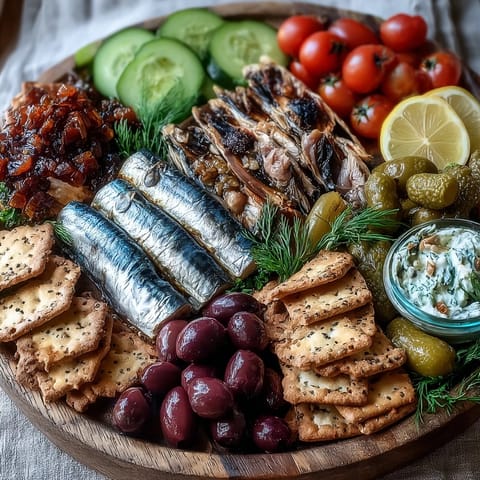 Tinned Fish Picnic Board with crusty bread and fresh vibrant accompaniments.