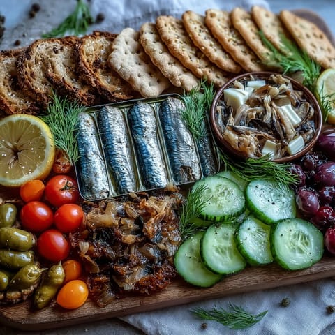 Colorful Tinned Fish Picnic Board artfully arranged with seafood, pickles, and crackers.