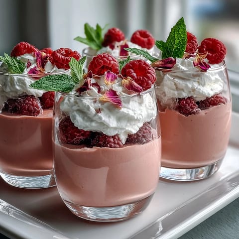 Fragrant raspberry rose jello parfaits layered with cream and fresh berries.