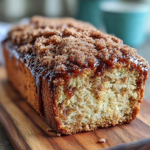 Golden Apple Cider Donut Bread loaf, glistening with cinnamon sugar glaze.