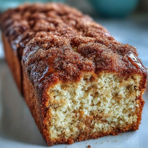 Moist Apple Cider Donut Bread, generously coated in sweet cinnamon sugar topping.