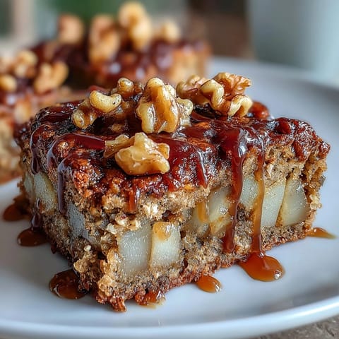 Golden pear maple breakfast bars, studded with diced fruit, fresh from the oven.