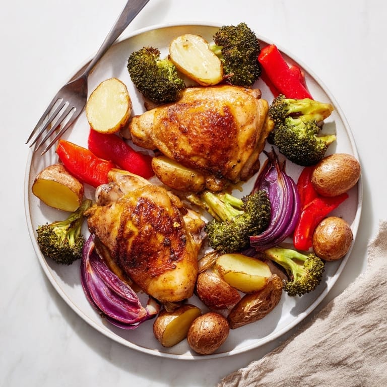 Sheet pan honey lemon roasted chicken, surrounded by caramelized potatoes and bright broccoli.