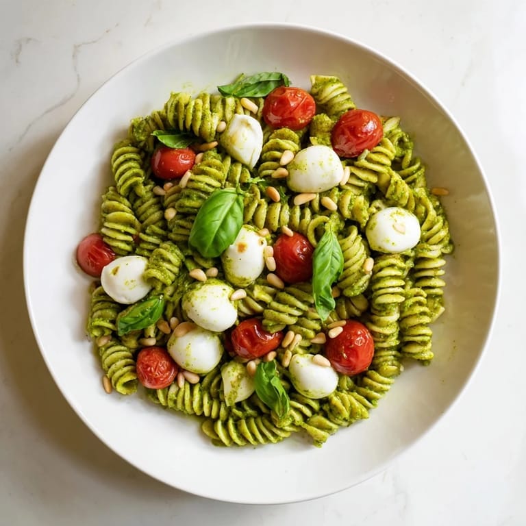 Chilled cold pasta salad with pesto showcasing creamy mozzarella and bright red cherry tomatoes.